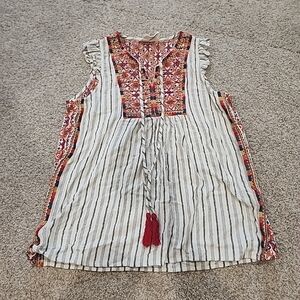 Savanna Jane Small White & Grey Striped Tank With Colored Printed Accents